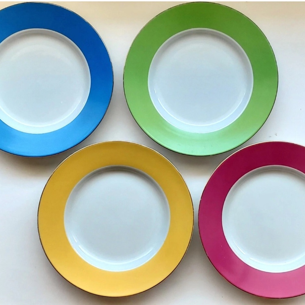 4 Pottery Barn Great White Pasta Bowls. Colorful | Gold Rimmed | 10.5” | Bold